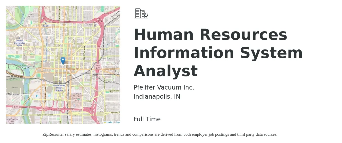 Pfeiffer Vacuum Inc. job posting for a Human Resources Information System Analyst in Indianapolis, IN with a salary of $60,700 to $88,900 Yearly with a map of Indianapolis location.