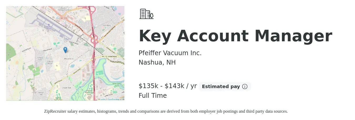 Pfeiffer Vacuum Inc. job posting for a Key Account Manager in Nashua, NH with a salary of $135,000 to $143,875 Yearly with a map of Nashua location.