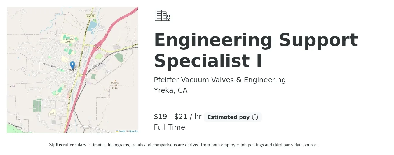 Pfeiffer Vacuum Valves & Engineering job posting for a Engineering Support Specialist I in Yreka, CA with a salary of $20 to $22 Hourly with a map of Yreka location.