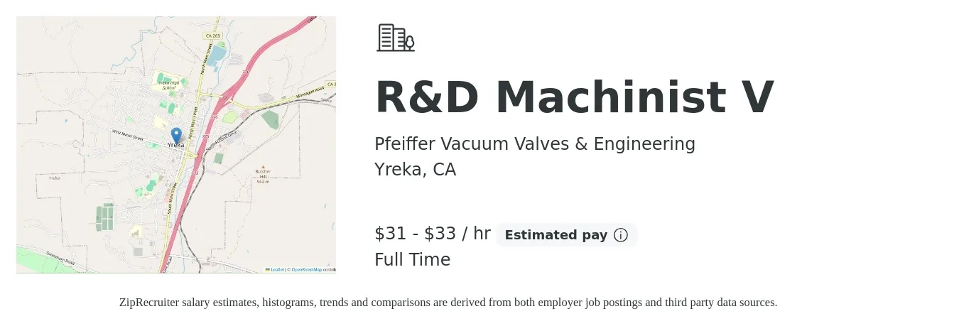 Pfeiffer Vacuum Valves & Engineering job posting for a R&D Machinist V in Yreka, CA with a salary of $33 to $35 Hourly with a map of Yreka location.