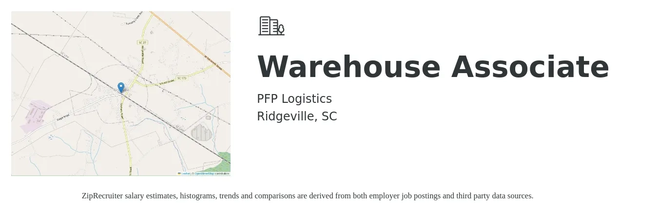 PFP Logistics job posting for a Warehouse Associate in Ridgeville, SC with a salary of $16 to $20 Hourly with a map of Ridgeville location.