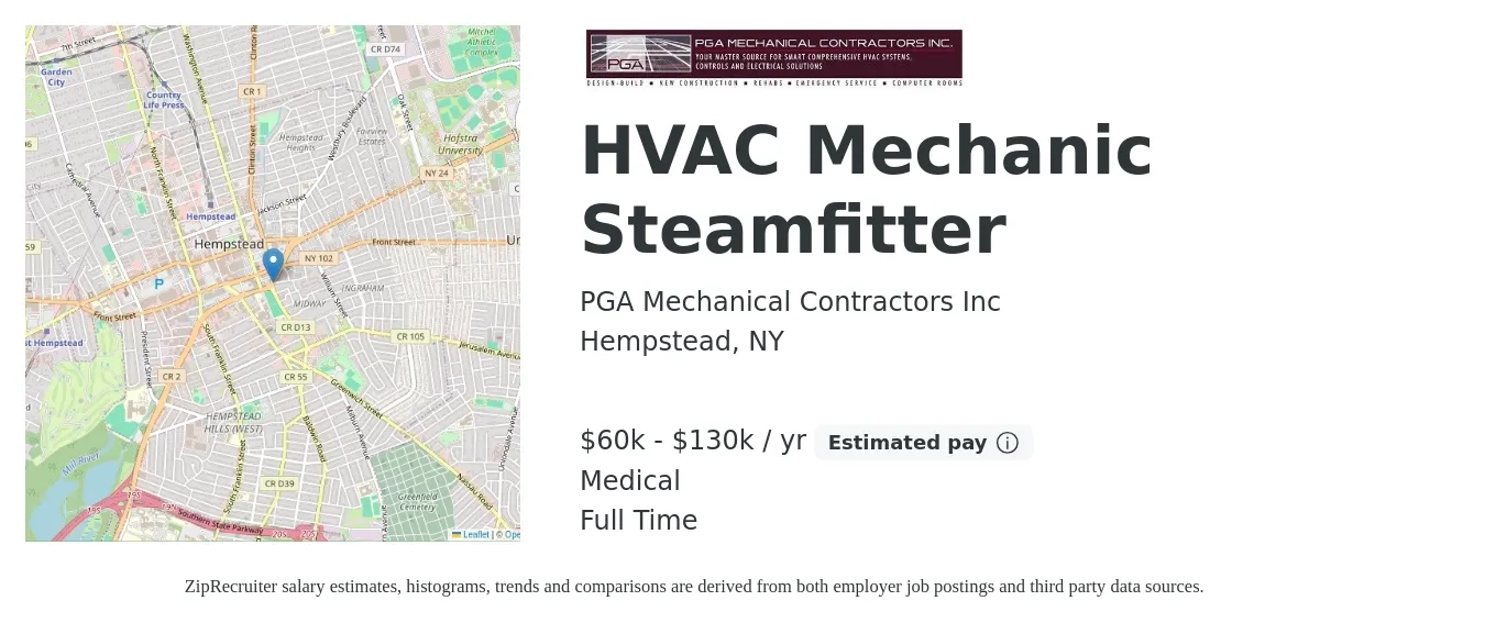PGA Mechanical Contractors Inc job posting for a HVAC Mechanic Steamfitter in Hempstead, NY with a salary of $60,000 to $130,000 Yearly and benefits including medical with a map of Hempstead location.
