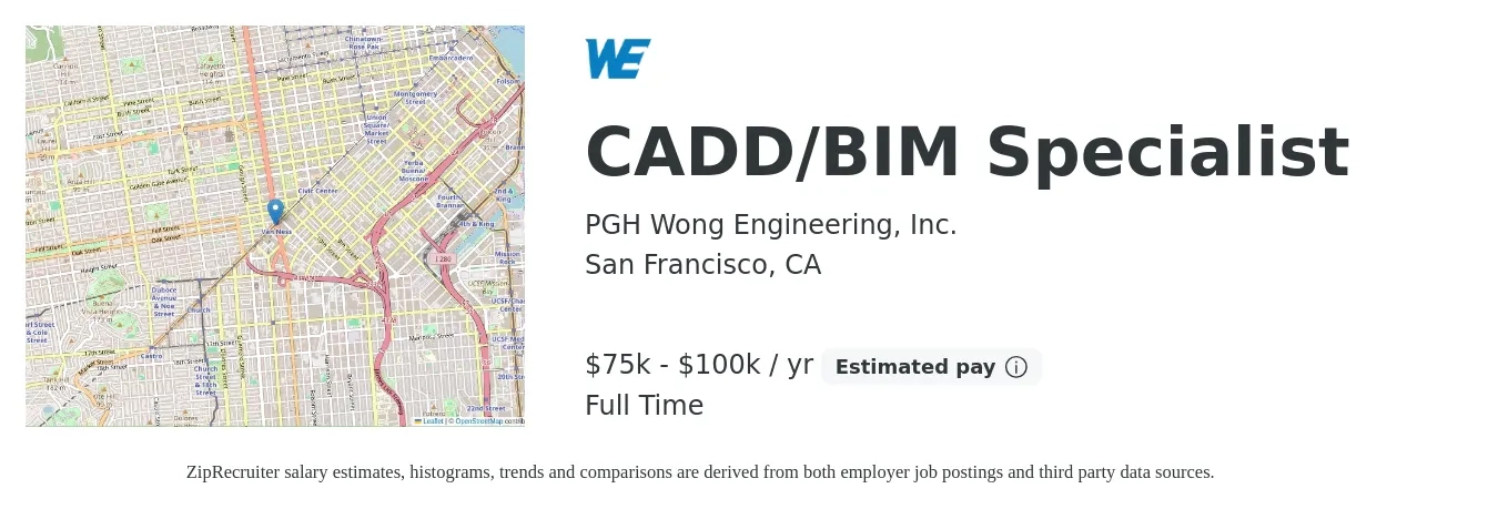 PGH Wong Engineering, Inc. job posting for a CADD/BIM Specialist in San Francisco, CA with a salary of $75,000 to $100,000 Yearly with a map of San Francisco location.