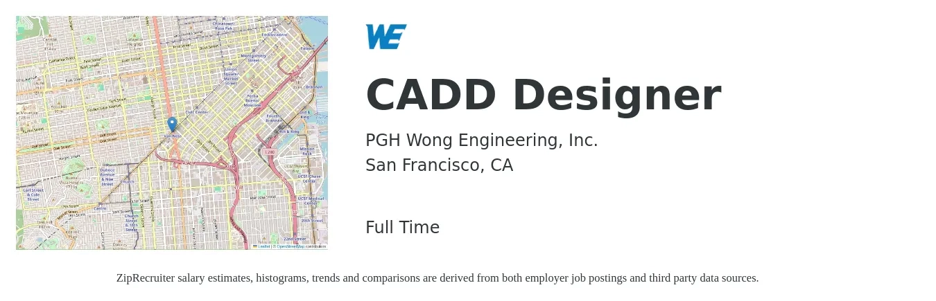 PGH Wong Engineering, Inc. job posting for a CADD Designer in San Francisco, CA with a salary of $75,000 to $100,000 Yearly with a map of San Francisco location.