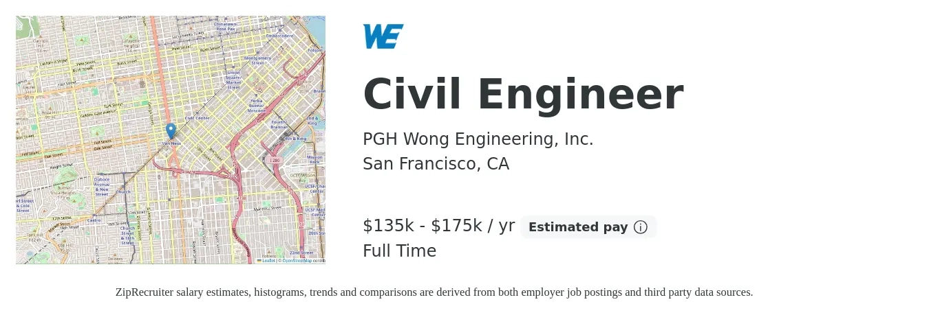 PGH Wong Engineering, Inc. job posting for a Civil Engineer in San Francisco, CA with a salary of $110,000 to $148,000 Yearly with a map of San Francisco location.