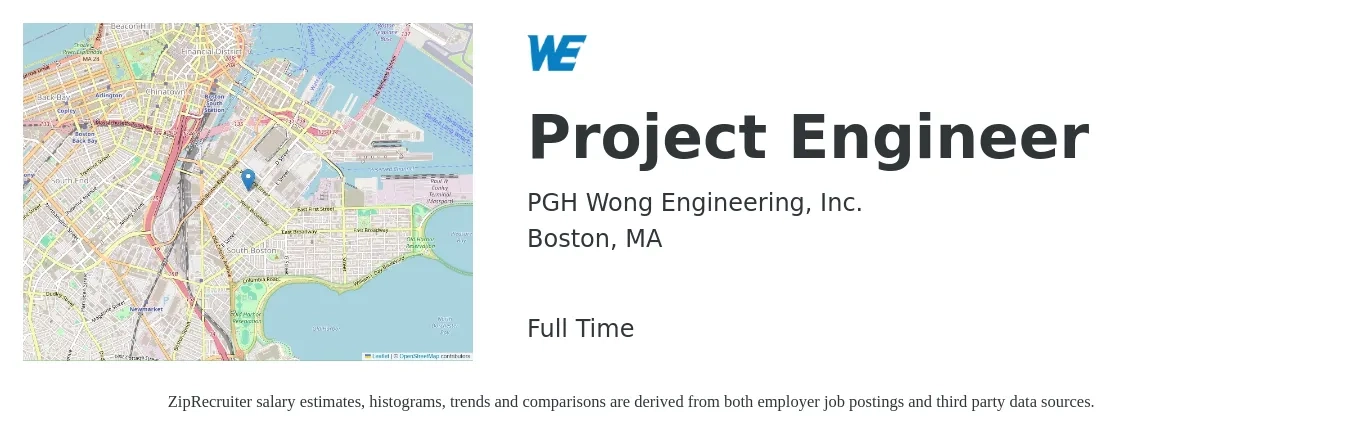 PGH Wong Engineering, Inc. job posting for a Project Engineer in Boston, MA with a salary of $95,000 to $148,033 Yearly with a map of Boston location.