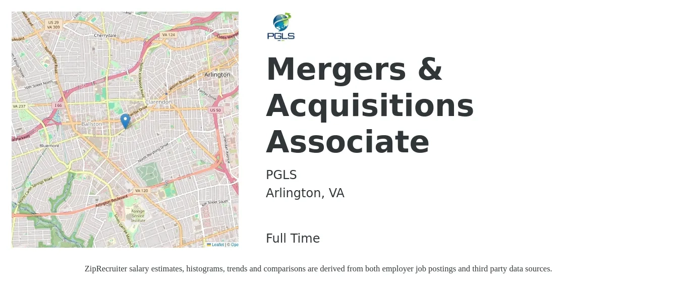 PGLS job posting for a Mergers & Acquisitions Associate in Arlington, VA with a salary of $154,400 to $196,500 Yearly with a map of Arlington location.
