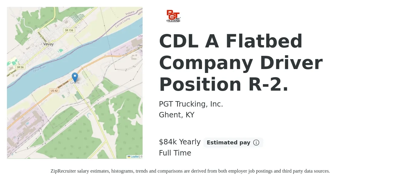 PGT Trucking, Inc. job posting for a CDL A Flatbed Company Driver Position R-2. in Ghent, KY with a salary of $84,000 Yearly with a map of Ghent location.