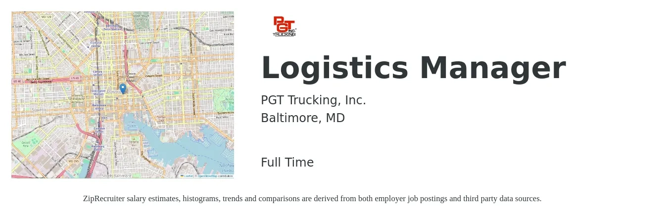 PGT Trucking, Inc. job posting for a Logistics Manager in Baltimore, MD with a salary of $56,100 to $89,900 Yearly with a map of Baltimore location.