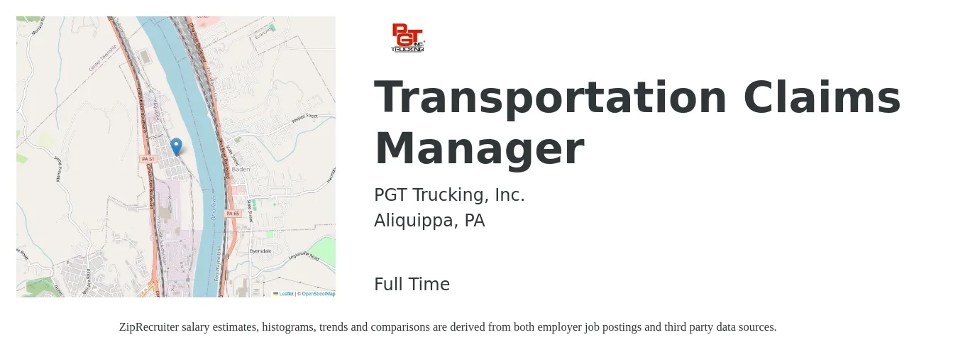 PGT Trucking, Inc. job posting for a Transportation Claims Manager in Aliquippa, PA with a salary of $63,300 to $97,800 Yearly with a map of Aliquippa location.