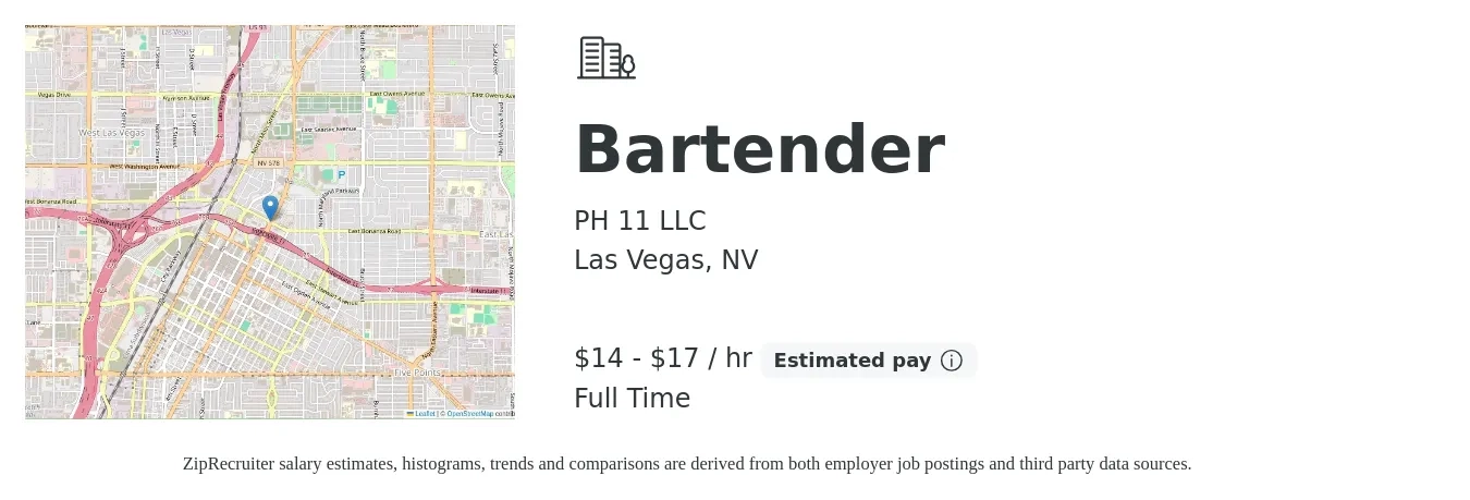 PH 11 LLC job posting for a Bartender in Las Vegas, NV with a salary of $15 to $18 Hourly with a map of Las Vegas location.