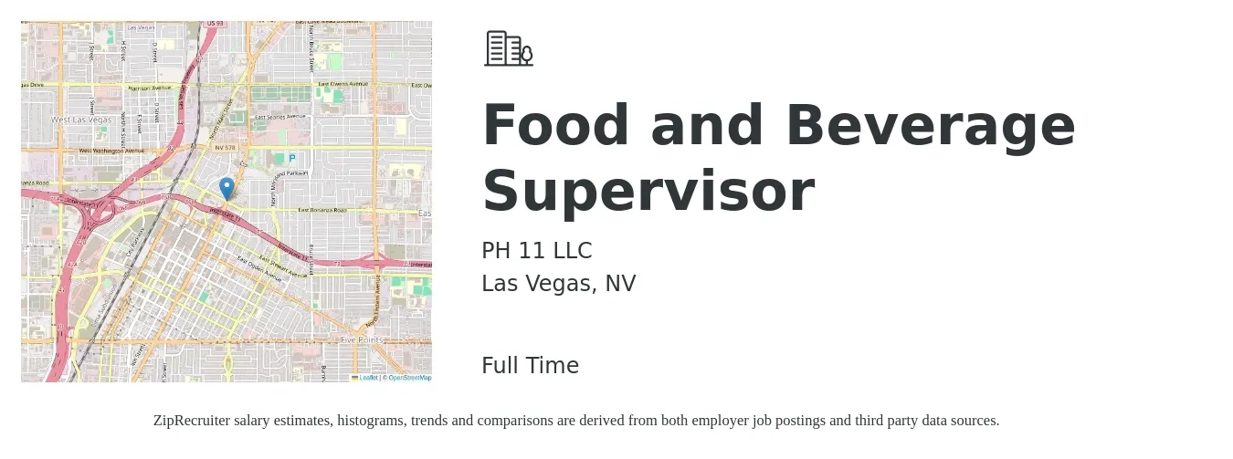 PH 11 LLC job posting for a Food and Beverage Supervisor in Las Vegas, NV with a salary of $40,400 to $65,400 Yearly with a map of Las Vegas location.