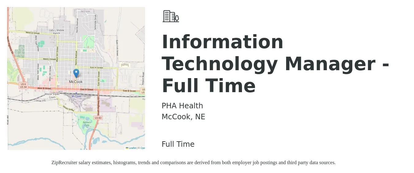 PHA Health job posting for a Information Technology Manager - Full Time in McCook, NE with a salary of $87,400 to $107,200 Yearly with a map of McCook location.