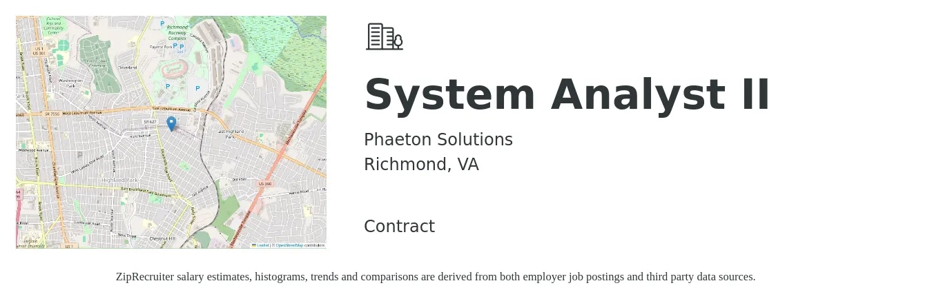 Phaeton Solutions job posting for a System Analyst II in Richmond, VA with a salary of $65,000 to $109,100 Yearly with a map of Richmond location.