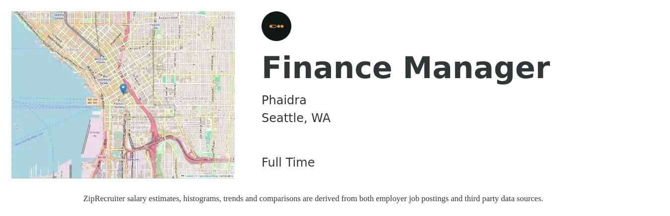 Phaidra job posting for a Finance Manager in Seattle, WA with a salary of $107,500 to $191,200 Yearly with a map of Seattle location.