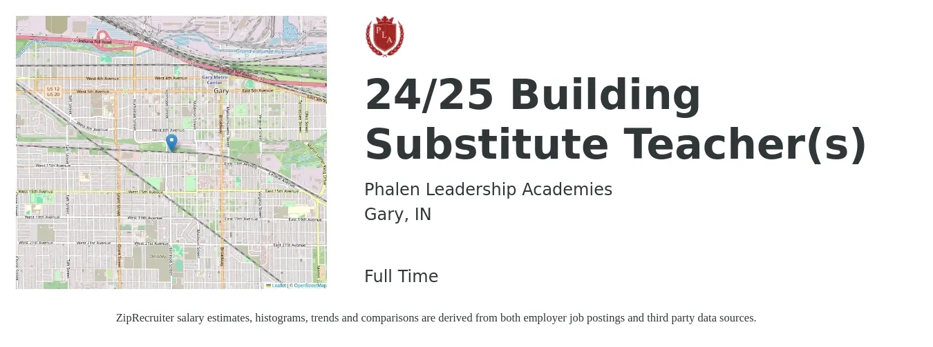 Phalen Leadership Academies job posting for a 24/25 Building Substitute Teacher(s) in Gary, IN with a salary of $123 to $199 Daily with a map of Gary location.