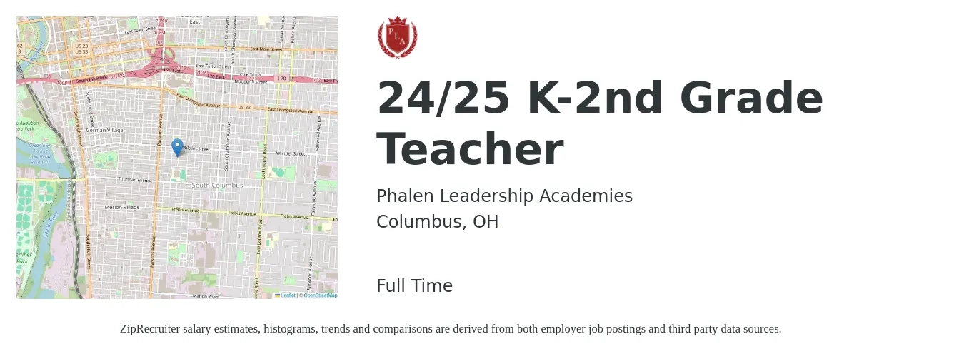 Phalen Leadership Academies job posting for a 24/25 K-2nd Grade Teacher in Columbus, OH with a salary of $44,400 to $56,100 Yearly with a map of Columbus location.