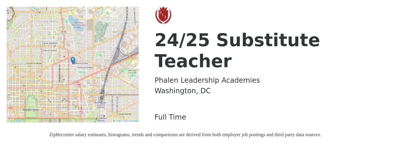 Phalen Leadership Academies job posting for a 24/25 Substitute Teacher in Washington, DC with a salary of $140 to $226 Daily with a map of Washington location.