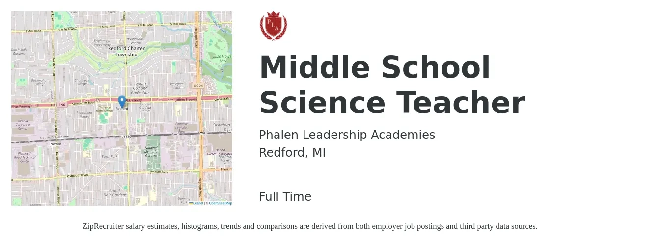 Phalen Leadership Academies job posting for a Middle School Science Teacher in Redford, MI with a salary of $45,300 to $59,600 Yearly with a map of Redford location.