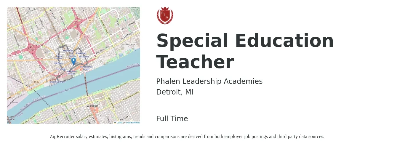 Phalen Leadership Academies job posting for a Special Education Teacher in Detroit, MI with a salary of $49,500 to $65,300 Yearly with a map of Detroit location.