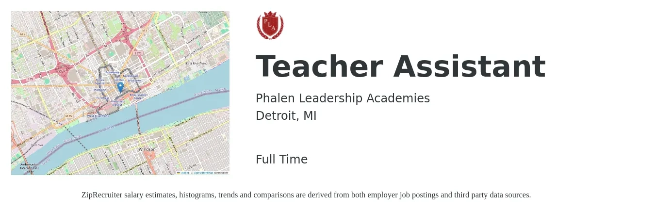 Phalen Leadership Academies job posting for a Teacher Assistant in Detroit, MI with a salary of $13 to $16 Hourly with a map of Detroit location.