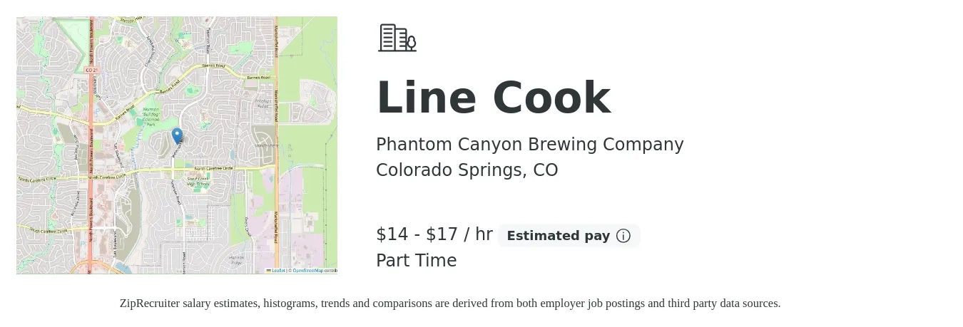 Phantom Canyon Brewing Company job posting for a Line Cook in Colorado Springs, CO with a salary of $15 to $18 Hourly with a map of Colorado Springs location.