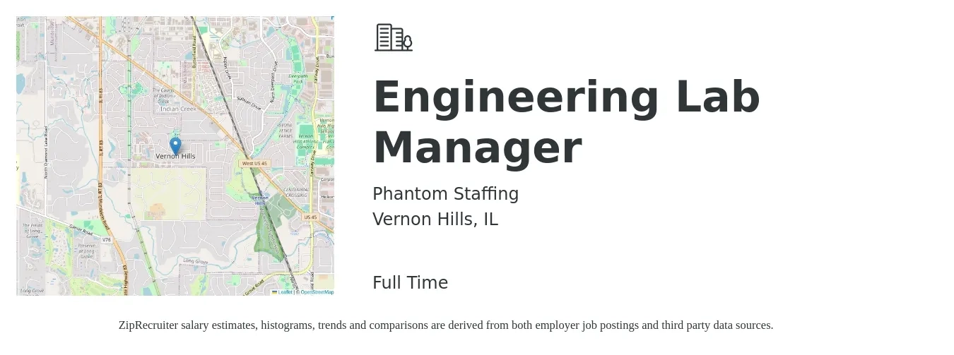 Phantom Staffing job posting for a Engineering Lab Manager in Vernon Hills, IL with a salary of $113,500 to $168,500 Yearly with a map of Vernon Hills location.