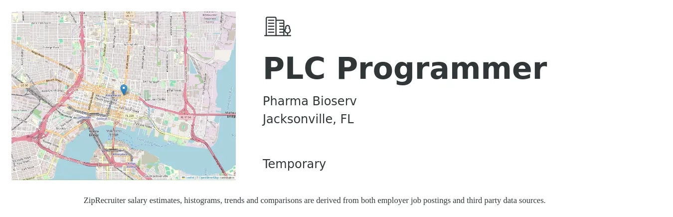 Pharma Bioserv job posting for a PLC Programmer in Jacksonville, FL with a salary of $63,000 to $85,700 Yearly with a map of Jacksonville location.