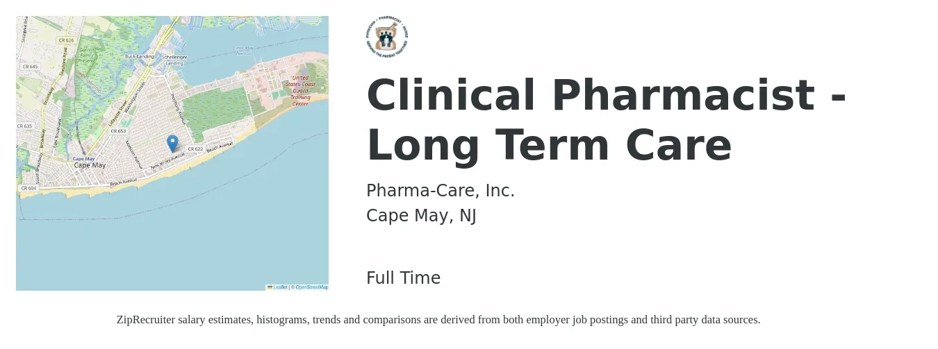 Pharma-Care, Inc. job posting for a Clinical Pharmacist - Long Term Care in Cape May, NJ with a salary of $118,700 to $141,800 Yearly with a map of Cape May location.