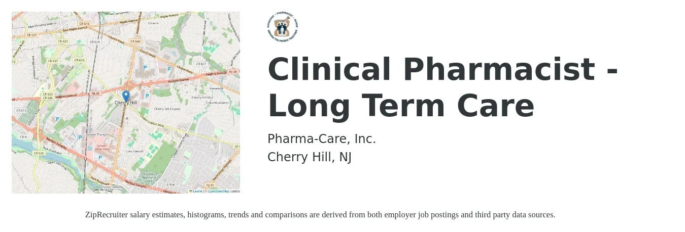 PharmaCare job posting for a Clinical Pharmacist - Long Term Care in Cherry Hill, NJ with a salary of $117,200 to $139,900 Yearly with a map of Cherry Hill location.