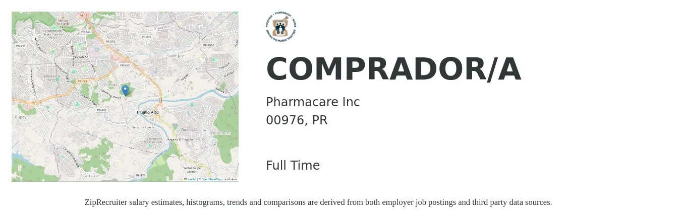 Pharmacare Inc job posting for a COMPRADOR/A in 00976, PR with a salary of $13 to $16 Hourly with a map of 00976 location.