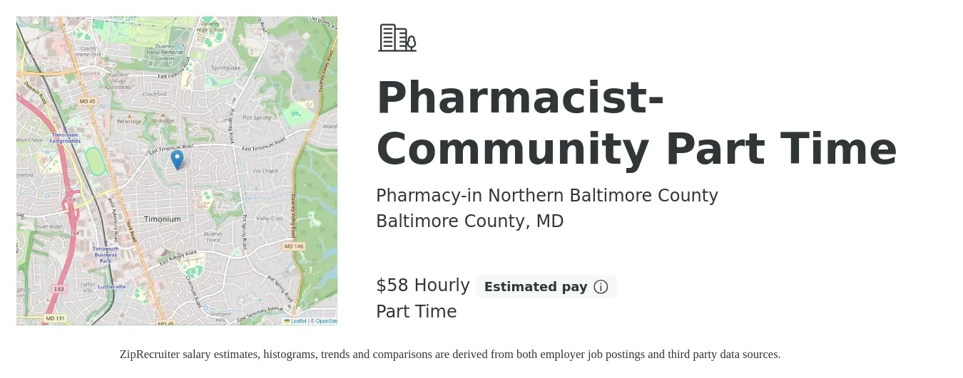 Pharmacy-in Northern Baltimore County job posting for a Pharmacist- Community Part Time in Baltimore County, MD with a salary of $61 Hourly with a map of Baltimore County location.