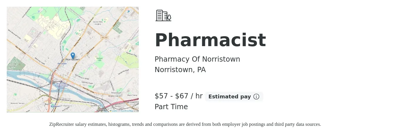 Pharmacy Of Norristown job posting for a Pharmacist in Norristown, PA with a salary of $60 to $70 Hourly and benefits including pto with a map of Norristown location.