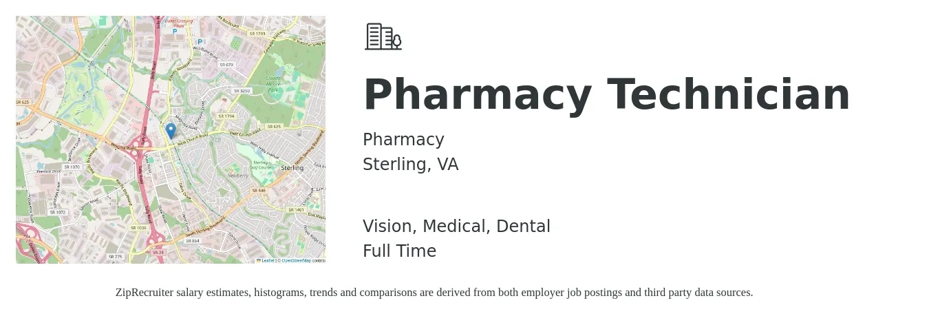 Pharmacy job posting for a Pharmacy Technician in Sterling, VA with a salary of $17 to $21 Hourly and benefits including life_insurance, medical, retirement, vision, and dental with a map of Sterling location.