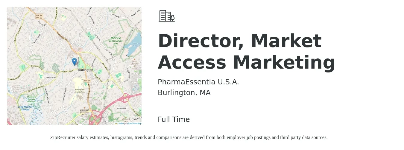 PharmaEssentia U.S.A. job posting for a Director, Market Access Marketing in Burlington, MA with a salary of $77,800 to $143,100 Yearly with a map of Burlington location.