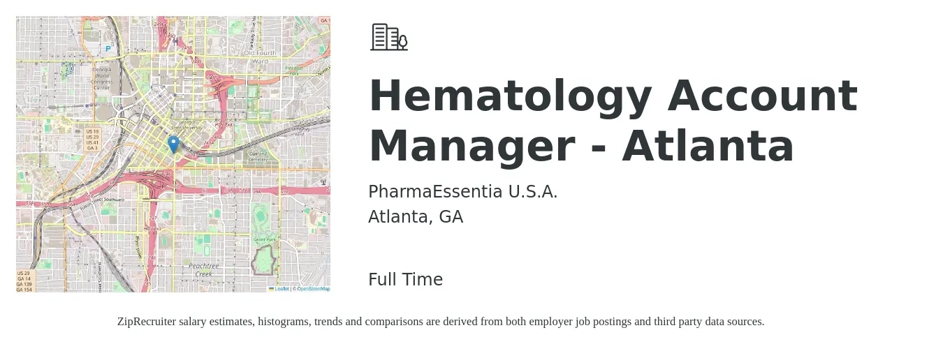 PharmaEssentia U.S.A. job posting for a Hematology Account Manager, Atlanta in Atlanta, GA with a salary of $46,200 to $75,500 Yearly with a map of Atlanta location.