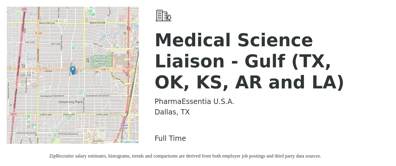 PharmaEssentia U.S.A. job posting for a Medical Science Liaison - Gulf (TX, OK, KS, AR and LA) in Dallas, TX with a salary of $33 to $98 Hourly with a map of Dallas location.