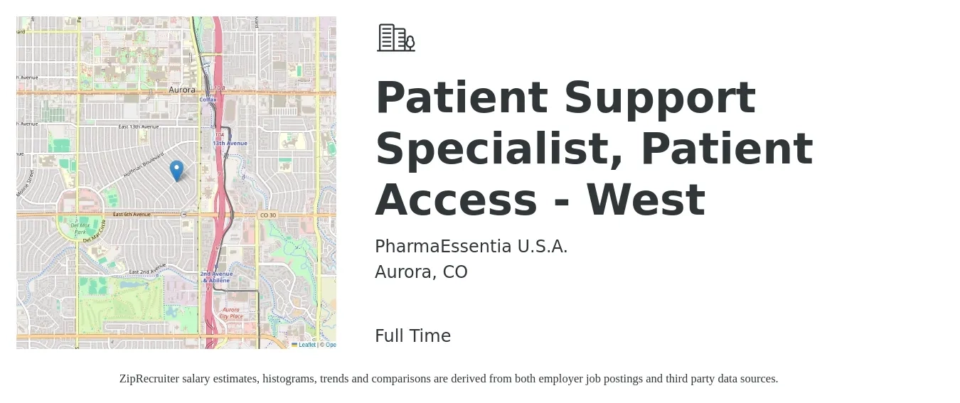 PharmaEssentia U.S.A. job posting for a Patient Support Specialist, Patient Access - West in Aurora, CO with a salary of $18 to $24 Hourly with a map of Aurora location.