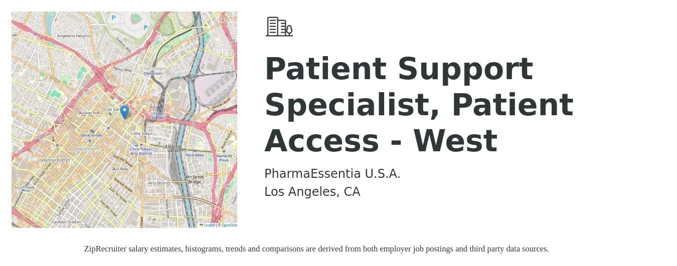 PharmaEssentia U.S.A. job posting for a Patient Support Specialist, Patient Access - West in Los Angeles, CA with a salary of $18 to $25 Hourly with a map of Los Angeles location.