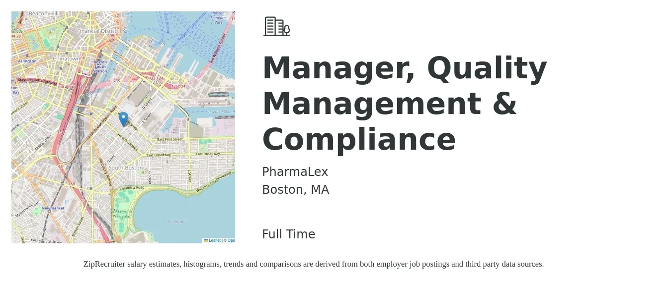 PharmaLex job posting for a Manager, Quality Management & Compliance in Boston, MA with a salary of $47,800 to $147,800 Yearly with a map of Boston location.