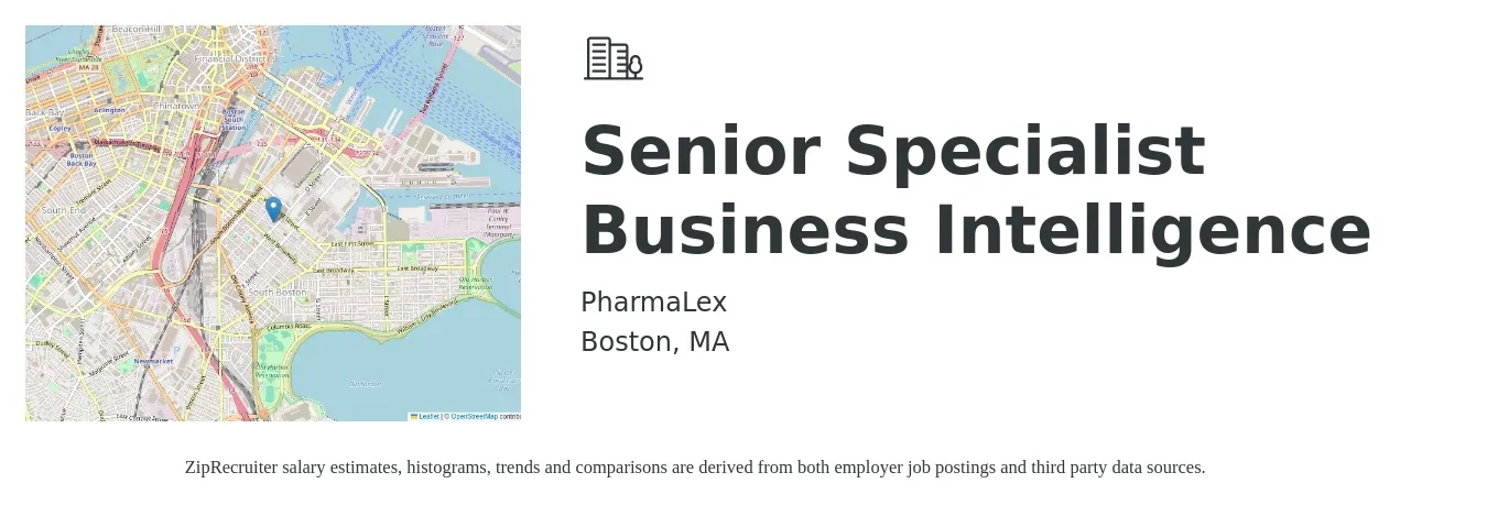 PharmaLex job posting for a Senior Specialist Business Intelligence in Boston, MA with a salary of $44 to $66 Hourly with a map of Boston location.