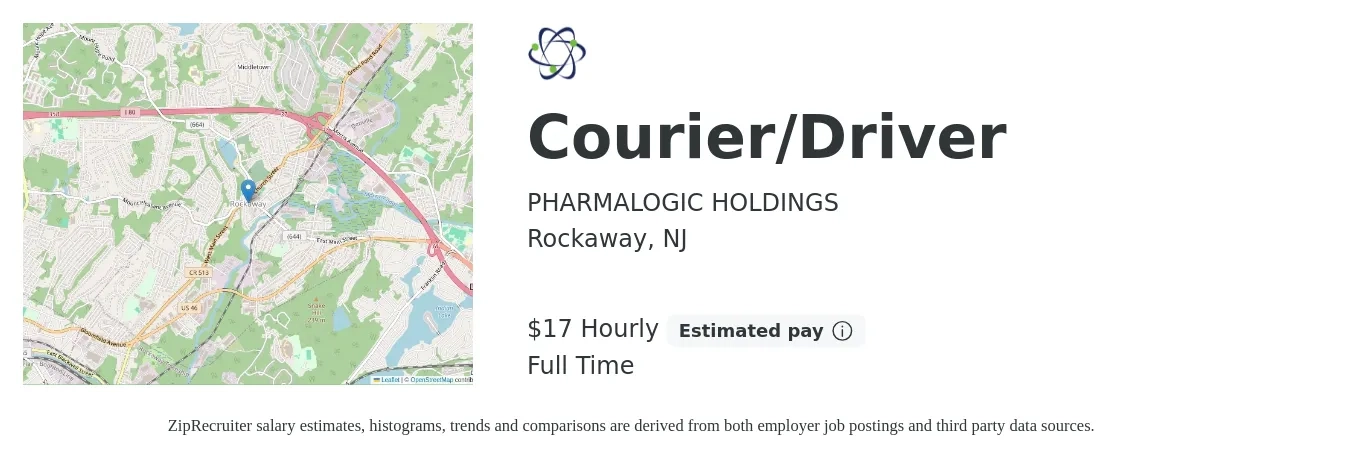 PHARMALOGIC HOLDINGS job posting for a Courier/Driver in Rockaway, NJ with a salary of $18 Hourly with a map of Rockaway location.