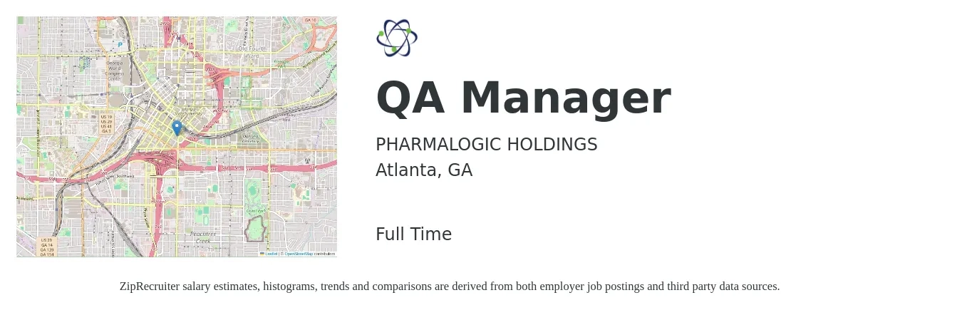 PHARMALOGIC HOLDINGS job posting for a QA Manager in Atlanta, GA with a salary of $78,800 to $137,200 Yearly with a map of Atlanta location.