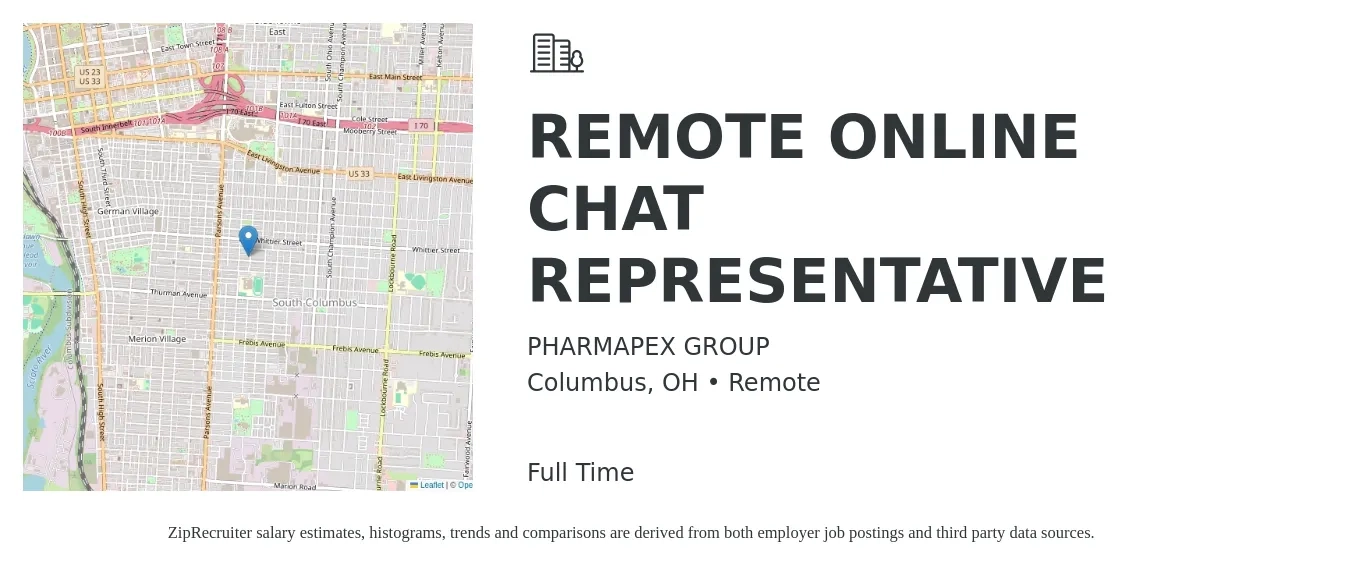 PHARMAPEX GROUP job posting for a REMOTE ONLINE CHAT REPRESENTATIVE in Columbus, OH with a salary of $16 to $21 Hourly with a map of Columbus location.