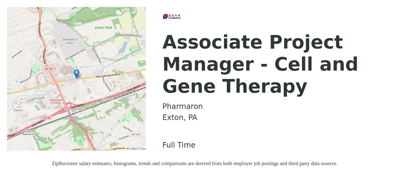 Pharmaron job posting for a Associate Project Manager - Cell and Gene Therapy in Exton, PA with a salary of $65,000 to $75,000 Yearly with a map of Exton location.