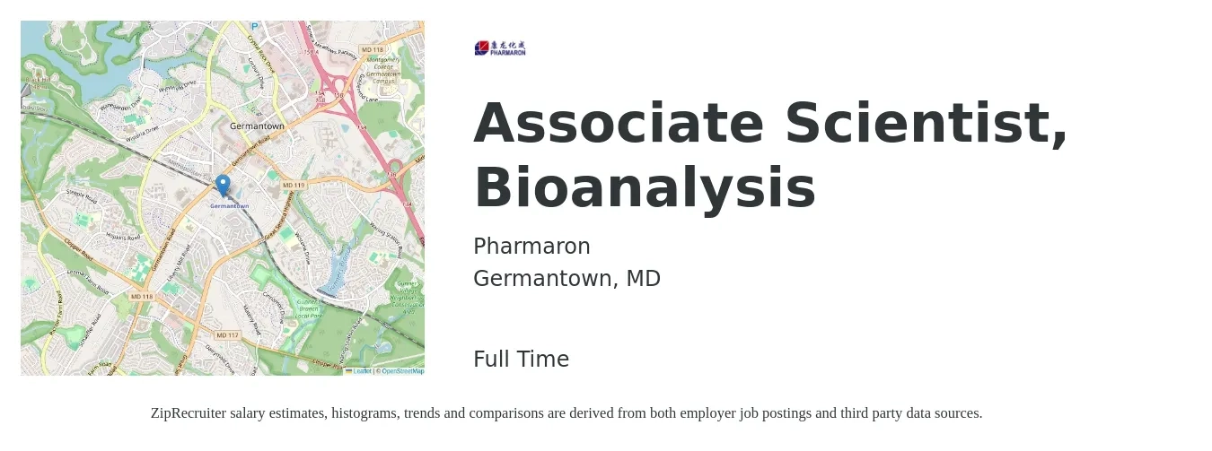 Pharmaron job posting for a Associate Scientist, Bioanalysis in Germantown, MD with a salary of $60,000 to $70,000 Yearly with a map of Germantown location.