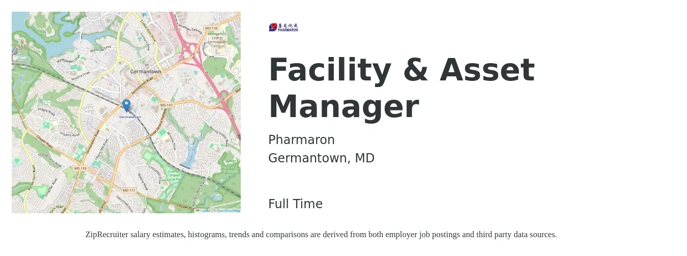 Pharmaron job posting for a Facility & Asset Manager in Germantown, MD with a salary of $75,700 to $110,800 Yearly with a map of Germantown location.