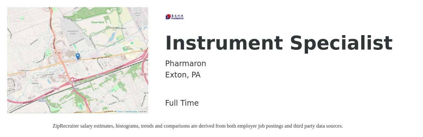 Pharmaron job posting for a Instrument Specialist in Exton, PA with a salary of $84,000 to $100,000 Yearly with a map of Exton location.