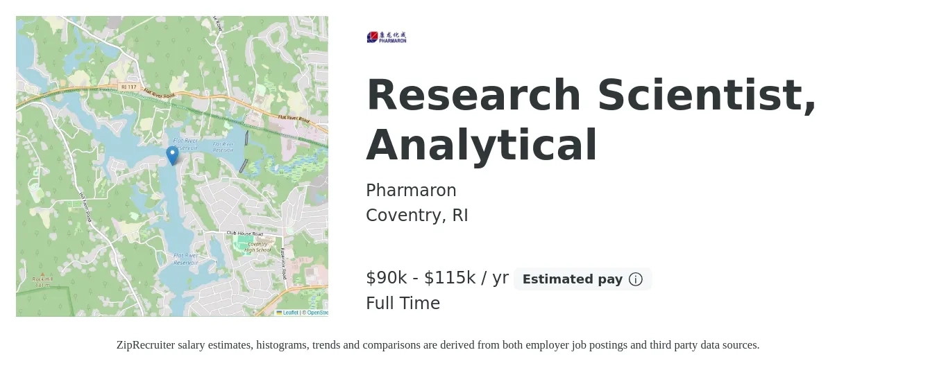 Pharmaron job posting for a Research Scientist, Analytical in Coventry, RI with a salary of $90,000 to $115,000 Yearly with a map of Coventry location.