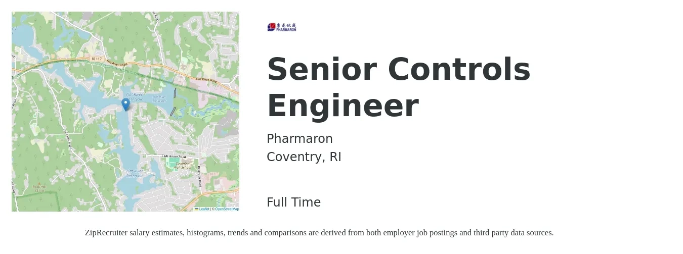 Pharmaron job posting for a Senior Controls Engineer in Coventry, RI with a salary of $94,500 to $124,700 Yearly with a map of Coventry location.